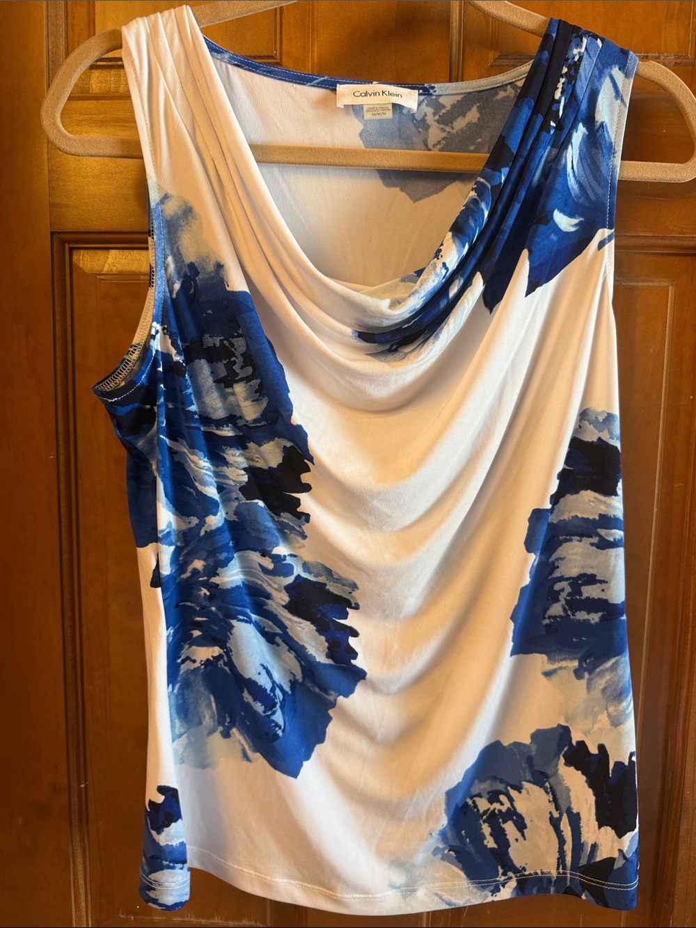 Calvin Klein White and Blue Draped Cowl Neck Sleeveless Top